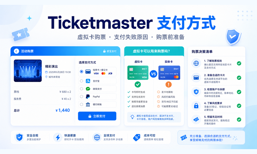 Ticketmaster 支付方式详解:虚拟卡能不能买票、常见支付失败原因与购票前准备